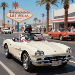 boba fett driving a 1 9 6 7 stingray convertible down the las vegas strip, star wars production art by ralph mcquarrie, 1 9 7 7