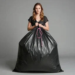 kyrsten sinema dressed up as a ( large black plastic garbage bag ) with ( pink drawstrings ), ultrarealistic
