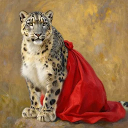 a snow leopard wearing a formal red dress, in the style of claude monet, rule of thirds, golden lighting