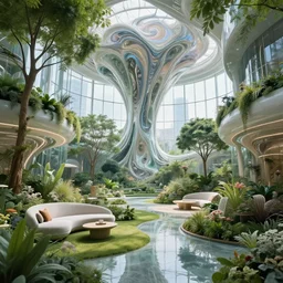 biophilic futuristic cyborg city garden natural beautiful light interior soft cinematic composition of a granite metallic nebula fluid surreal scifi architecture landscape, furniture, trees, flowers, grass, water, glass walls, vincent callebaut composition, 8 k, unreal engine, hdr