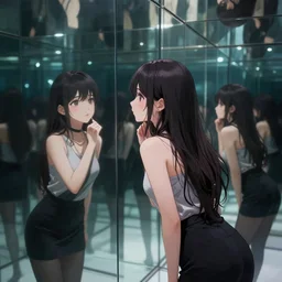 anime styled girl looking in the infinitely repeating reflection of herself in the mirror of eternity, very dramatic digital art, beautiful composition, trending on art station