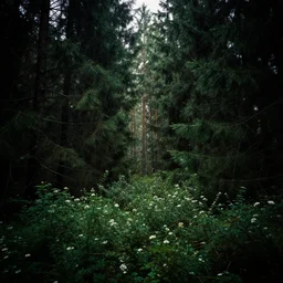 a dense forest, brush and flowers on the forest floor, pine and spruce trees. Lighting, thick, painted, nvidia demo, point of view, dark, rays of light peeking through the leaves, symmetrical, detail.