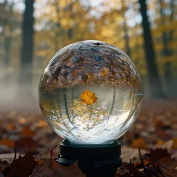 a 3 5 mm lomography long shot photo of melted clear glass fresnel ball in the sunshine autumn forest, falling autumn leaves are reflected in the ball, foggy bottom, god rays, ultrasharp, detailed, cinematic