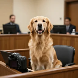 a golden retriever as a speaker in court, trial, dslr photo