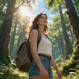 traveling woman in magical forest, beautiful sky and sun shine, fantasy artwork, very beautiful scenery, hd, hdr, ue 5, ue 6, unreal engine 5, cinematic 4 k wallpaper, 8 k, ultra detailed, by popular digital, details, beautiful image ever created, high resolution, artstation, award winning, detailed body, details face, realistic body proportions