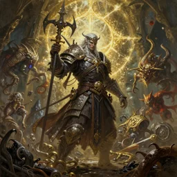 Elden Ring and Doom themed painting of chaos realm human hybrid warrior, fantasy matte painting, golden ratio, trending on cgsociety, cinematic, intricate, majestic, dark epic fantasy, trending on artstation, by H.R. Giger and Zdizslaw Beksinski, highly detailed, vibrant