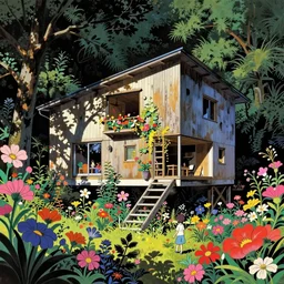 ( ( gediminas pranckevicius ) ) house by kengo kuma, art by syd mead, and makoto shinkai, very coherent, sharp, colorful high contrast, dark shadows, hard lighting, floralpunk flower garden, inking etching screen print paper cutout collage