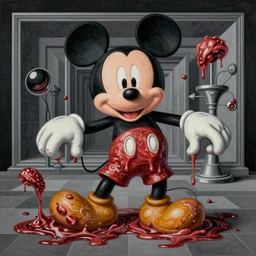 molten dripping meat mickey mouse body parts dark ritual by goya and escher, highly conceptual figurative art, intricate detailed illustration, flat acrylic painting, monumental dynamic illustration, surreal art, detailed illustration