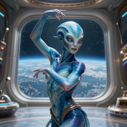 vfx movie scene closeup portrait of beautiful blue body paint fit alien gorgeous man dancing in sleek futuristic decadent spaceship pillars, alien antenna, futuristic ballroom. big eyes, soft skin, giant windows view of earth obit. by emmanuel lubezki