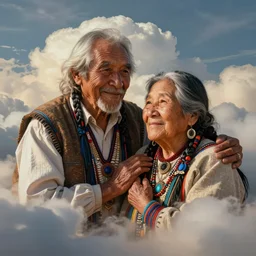 portrait of indigenous grandfather and grandmother in the clouds, smiling, protection, benevolence, ancestors, art by christophe vacher