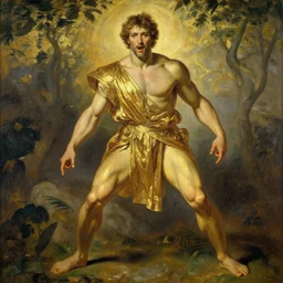 A man wearing golden clothes, muscular, fantasy, painting by greg rutkowski and alphonse mucha