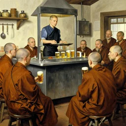 A kitchen wench serving beers to a group of monks, artist Norman Rockwell,