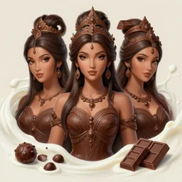 stunning malaysian goddesses of chocolate portrait, chocolate chip, chocolate tabs, milk, fantasy, intricate, elegant, highly detailed, digital painting, artstation, concept art, smooth, sharp focus, illustration, art by krenz cushart and artem demura and alphonse mucha and tony sandoval