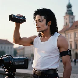 shot on 8 mm film, michael jackson as bodybuilder on steroids, in legnica, sunrise, by vhs camcoder
