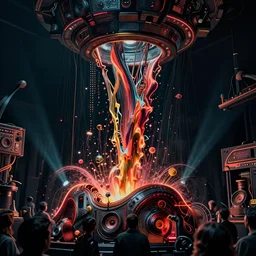 music pouring, full shot, photo, volumetric lighting, epic composition, intricate details, dark neon punk, by denis villeneuve , Greg Rutkowski and Alphonse Mucha