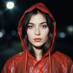 detailed and realistic face portrait photography at night of a woman wearing a translucent red raincoat with hoodie by Annie Leibovitz. Cinematic. Lens flare. Portra 800 film. Helios 44m. Neo noir style.