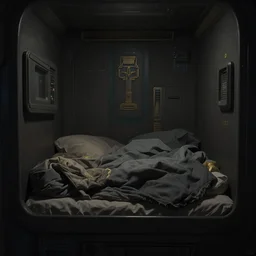 interior view of a small space pod bed in wall, tight space, messy blankets, crew quarters, dark colors, minimal light, close up, dim lighting, muted colors, unreal engine render, high octane render, by makoto shinkai takashi takeuchi, realistic, futuristic, modern egyptian style