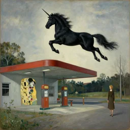 a black unicorn flying over in an abandoned gas station, by Henri Rousseau, by Klimt, by Hopper, weird, eerie, surreal, highly detailed