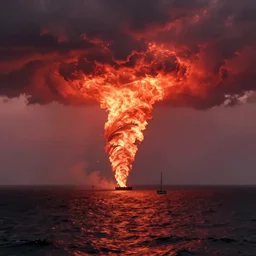Nice picture. Fire tornado in the open ocean. The stormy sky smoothly turning into the sea. ninth shaft. Small sailboat. Soft colors. Crimson tones, Scarlet tones. Octane render. artstation trending. Wow