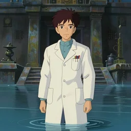 hyperrealist, studio ghibli dull colors portrait from close encounters of the third kind 1 9 7 7 of a scientist standing in a flooded temple.