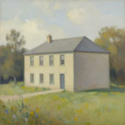 a beautiful painting of a building in a serene landscape by Anne Geddes