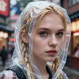 Kodak Portra 400, 8K, highly detailed, wachowski seinen manga 3/4 extreme closeup portrait, eye contact, focus on clear transparent raincoat replicant blonde girl model, tilt shift zaha hadid style anime background: famous blade runner anime remake, tokyo izakaya scene