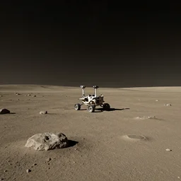 a mars terrain, minimalistic, with rocks and craters and a rover, a starry sky, astrophotography