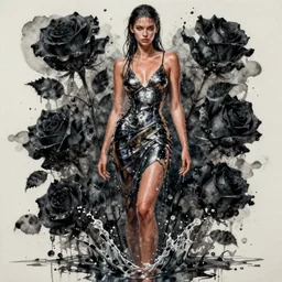 fierce wet fashion model, splash, sweat skin, liquid metal, black roses, poster art, high detail, intricate oil painting and watercolor, deep mood, hyperrealism, 3 d, by tooth wu and wlop and beeple and greg rutkowski, full body