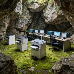 a room made of rocks with natural light and mossy floor with printers in the center of the room connected to a series of computers