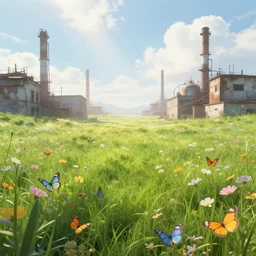 a beautiful meadow, flowers, butterflies, surrounded by dirty industrial buildings, cinematic light, god rays, fantasy landscape,