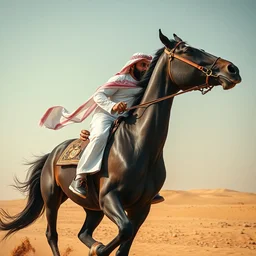 one arab rider wearing a white and red arab keffiyeh riding one black horse running from left to right wide shot, cinematic, ultra real, 4 k, highly detail