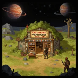 in front of a general store, in a remote outpost, on an alien planet, from a space themed point and click 2 d graphic adventure game, set design inspired slightly by hg giger and tomb raider, art inspired by thomas kinkade and sierra online and lucasarts