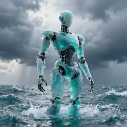 robot made of water, made of liquid, rising up from ocean, water armor, high detail, high contrast, close up portrait, studio lighting, stormy seas, beautiful, bokeh, snowy, storm clouds, god rays, d & d, fantasy, elegant, aquamarine color palette, concept art, roger deakins and greg rutkowski and alphonse mucha