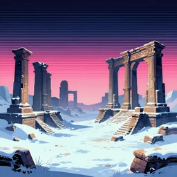 ancient ruins in the snow, retrowave epic art, trending on art station