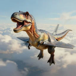 a detailed digital art painting of a trex smiling fighter jet plane flying in the air