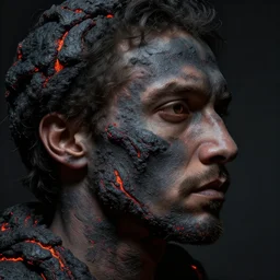 a man's face in profile, made of lava, in the style of the Dutch masters and Gregory Crewdson, dark and moody