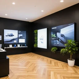 hyperdetailed samsung store, oak parquet, black walls, digital walls, plants