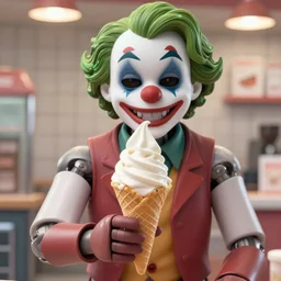 pov of animatronic joker serving a soft serve ice cream cone 🍦, dinly lit, real - hair, photorealistic hyperdetailed 3 d matte painting, hyperrealism, hyperrealistic, cinematic, silent hill, unrealengine octane render,