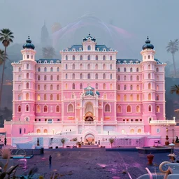 biomaterial, architecture, futuristic, cyberpunk, vaporwave, neon, pastel colors, hd 8 k, digital design, award winning, abandoned, grand budapest hotel