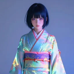 naro rinri wearing a glowing colorful kimono, cyberpunk, anime girl