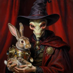a close - up portrait painting of an alien wizard magician holding a steampunk rabbit. red curtains in a gloomy dark background. highly detailed science - fiction painting by norman rockwell, moebius, frank frazetta, and syd mead. rich colors, high contrast. artstation