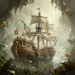 a retrowave aesthetic style artwork of a pirate shipwreck, divine, hazy, volumetric lighting, lush flora, empty, spacetime bending, very detailed, serene, gold accents, washed out colors, beautiful artwork, master level composition, raytracing
