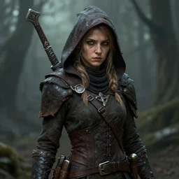 fantasy character. halfling. female. rogue. weathered. cynical. art by keith parkinson. highly detailed.