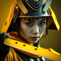 female samurai, defiant, cyberpunk, vibrant yellow colors, surreal, french baroque style by alexander mcqueen, hyper detailed, realistic cinematic, leica 1 9 2 0 s photography portrait, black and white