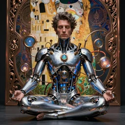 photo of a beautiful male meditating steampunk cyborg, is connected with glowing devices, artwork by james jean, hyperdetailed realistic silver and blue metallic, jean delville, art nouveau, gustav klimt, ornate copper patina gothic icon, james jean, ultrasharp hyperdetailed photorealistic octane render, half shot
