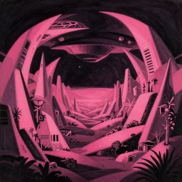 a 1 9 7 0's retro dark vintage sci - fi, 2 d matte dark gouache illustration by bruce pennington, symmetrical, hot pink, geometric, futuristic lush landscape, a fantastic journey into the void