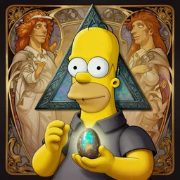 anthropomorphic d 2 0 triangle head in opal darkiron danny devito holding egg, intricate, elegant, highly detailed homer simpson, digital painting, artstation, concept art, sharp focus, illustration, art by artgerm, bob eggleton, michael whelan, stephen hickman, richard corben, wayne barlowe, greg rutkowski, alphonse mucha, 8 k