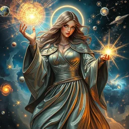 sorceress wearing flowing metallic robes conjuring the universe, full body, galaxies, nebulas, highly detailed face, detailed eyes, ultra dramatic lighting, bright radial arcs of light, radiant stars, intricate, hyper detailed, masterpiece, beautiful painting by ruan jia, artgerm, alphonse mucha, frank frazetta
