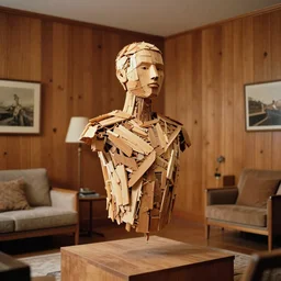 realistic photo museum artifact human computer, made of wooden fragments levitating in the living room wooden walls 1 9 9 0, life magazine reportage photo