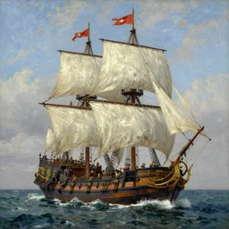 Realistic painting of a pirate detailed pirate ship at full sail on the ocean , high-detailed oil painting by Ilya Repin, William Blake, Michelangelo da Caravaggio, Alex Grey and Beksinski, masterpiece, 4k